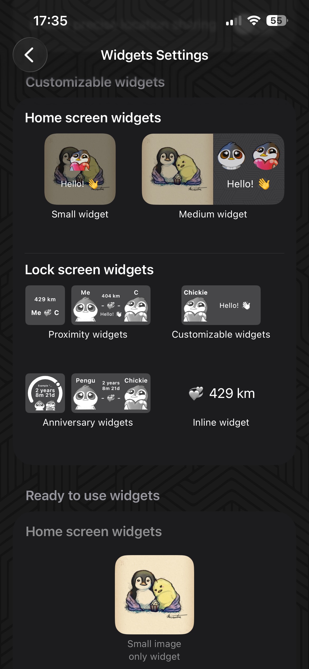 WaddleSync app screenshot showing widgets settings