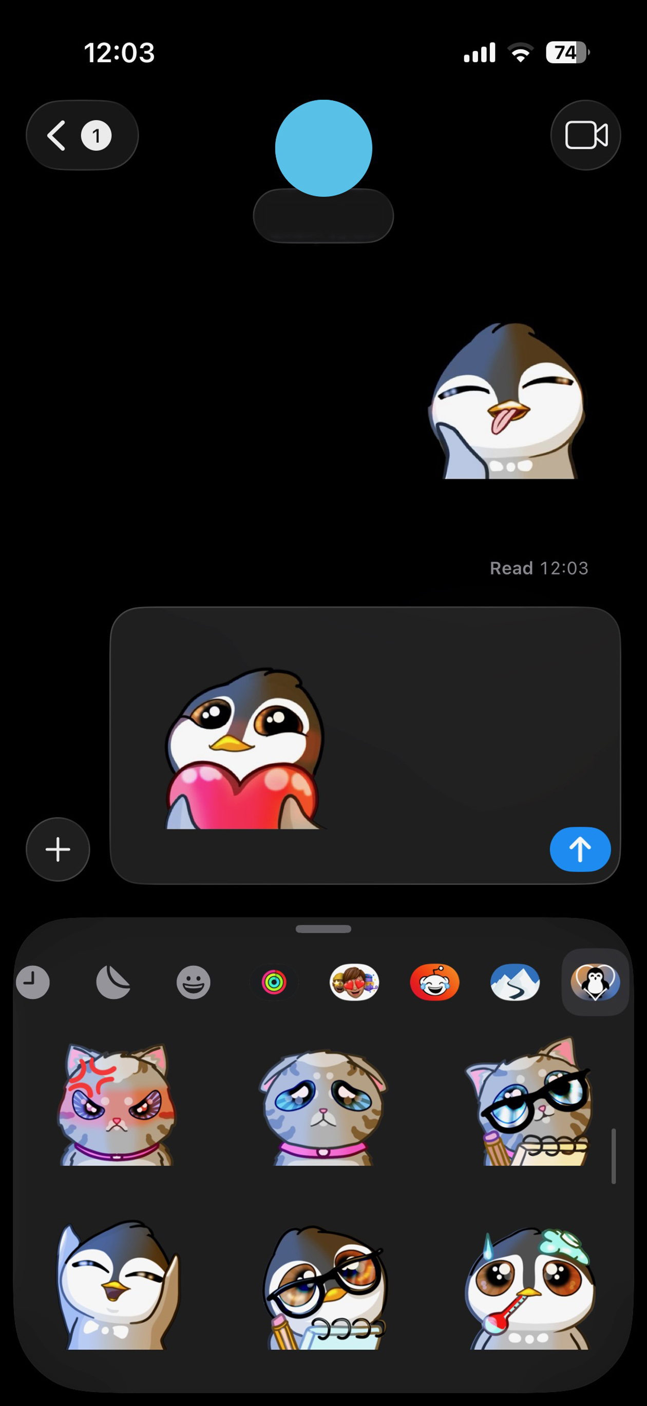 WaddleSync app screenshot showing Messages stickers