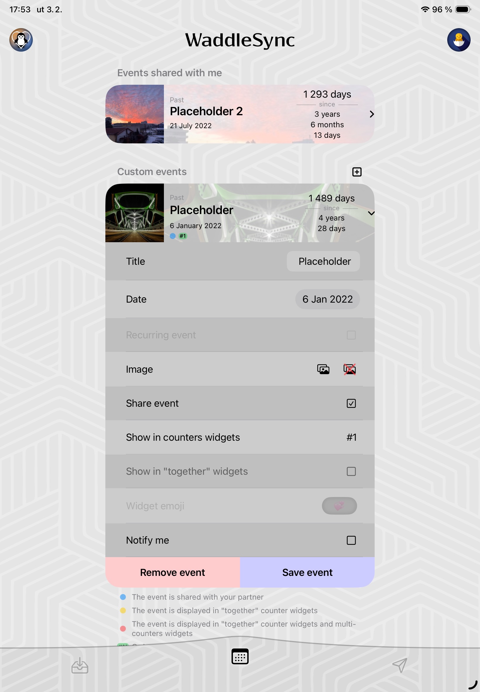WaddleSync app screenshot showing events page