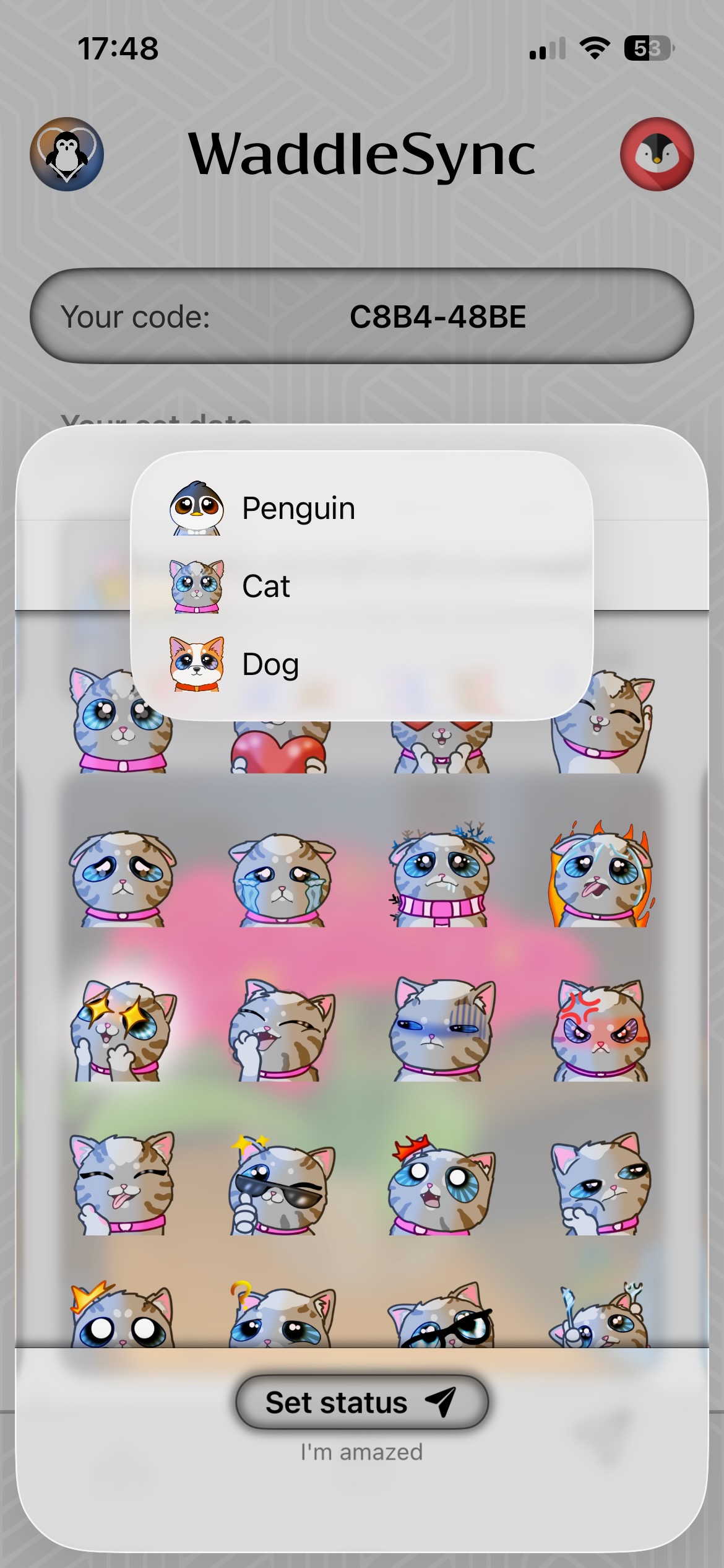 WaddleSync app screenshot showing status sending sheet